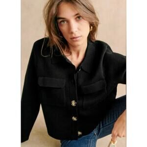 Sezane Betty Cardigan Sweater Crochet Merino Wool Knit Black Size Large